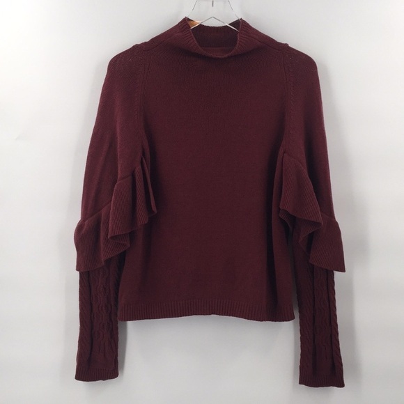 PROJECT Naadam Ruffle Cable Knit Sweater Mock Neck Burgundy Maroon Small - Picture 5 of 9